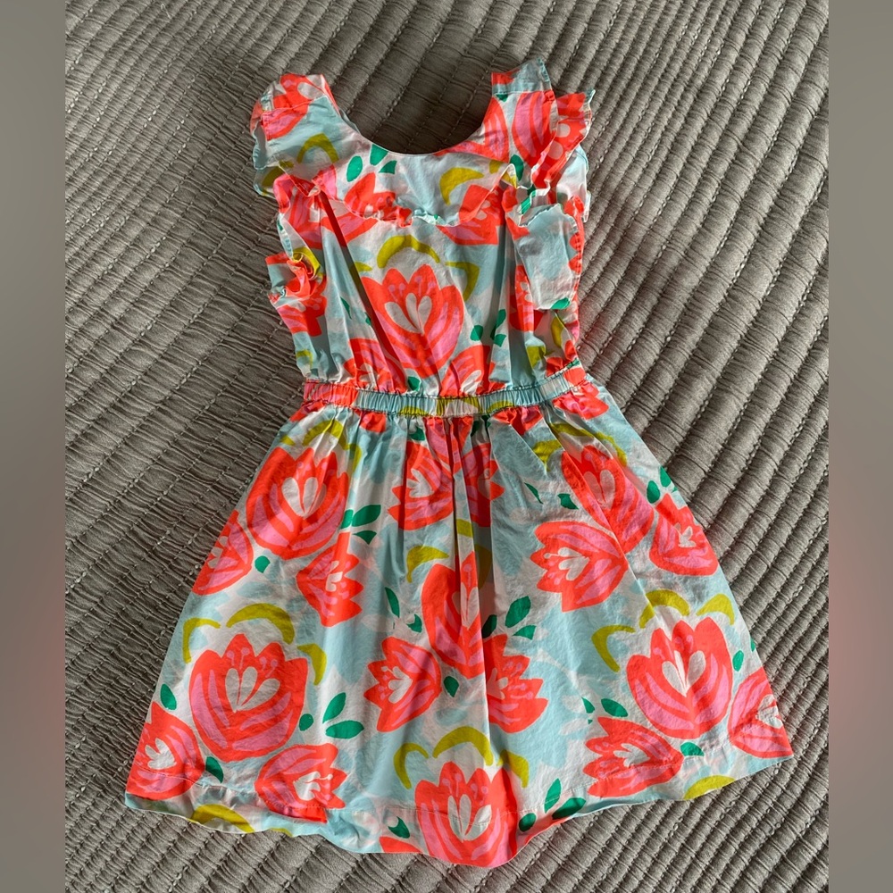 J.Crew Crewcuts 5T 100% cotton neon Coral Floral Ruffle Dress girls party summer